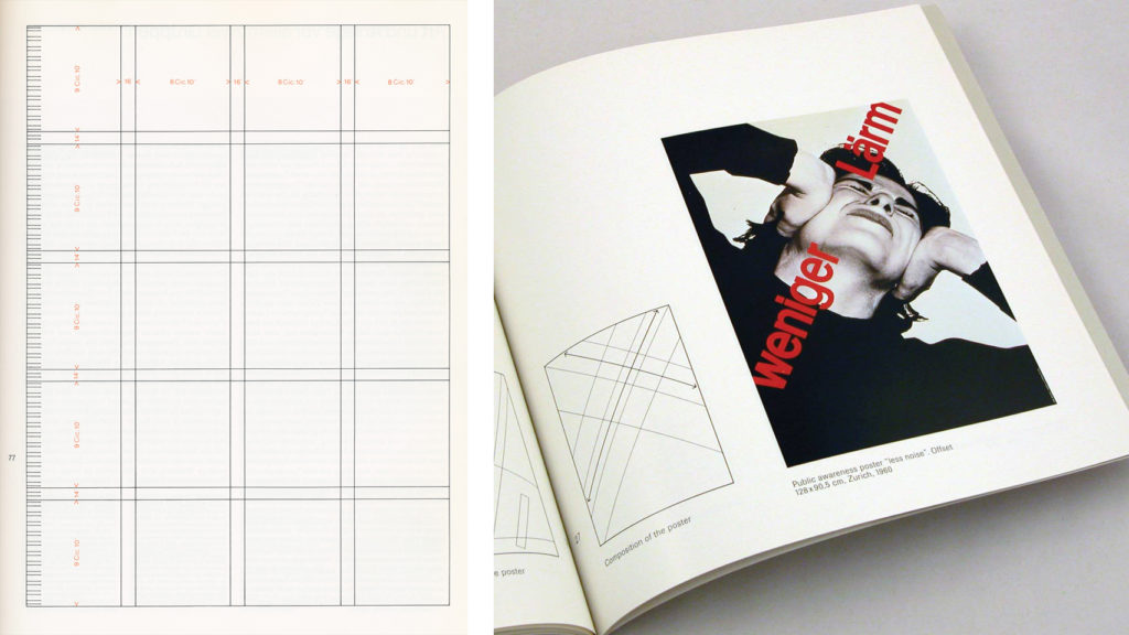 Müller-Brockmann. Grilla tipográfica (izq.) y afiche "Menos Ruido" con su correspondiente grilla constructiva (der.)