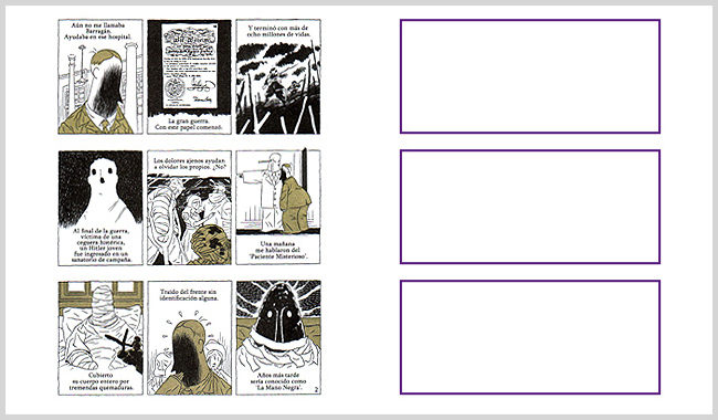 Si bien el tamaño de módulo se mantiene, la diferencia de tamaño en las calles nos llevan a percibir 3 filas de 3 viñetas cada una, generando un ritmo de lectura particular (Altavista, Fernando Calvi. Revista Fierro #14)